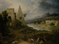 GG 406  GG 406, Jan Joost van Cossiau (um 1660-1732/34), Italienische Landschaft mit Pyramide, 1704, Leinwand, 108 x 140 cm : Landschaft, Personen